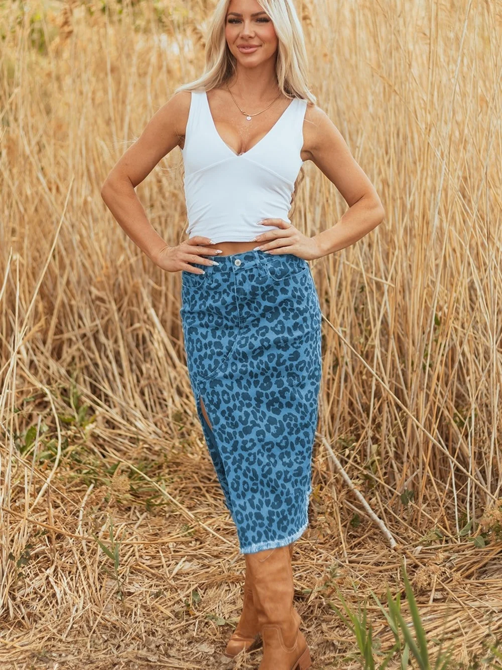 Sky Blue Leopard Print Denim Midi Skirt Side Slit Raw Hem Size M